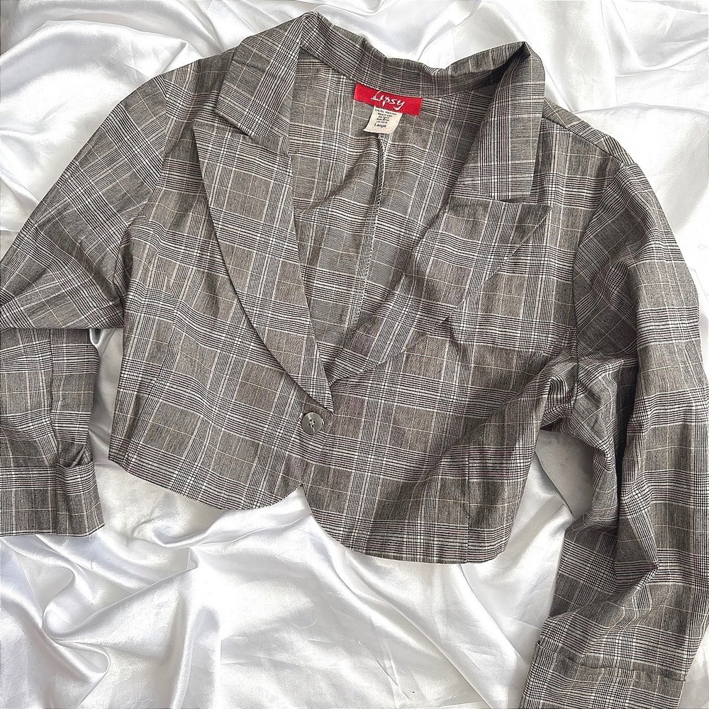 Lipsy Grey Glen Plaid Cropped Blazer Jacket Size Large Made in USA 50795